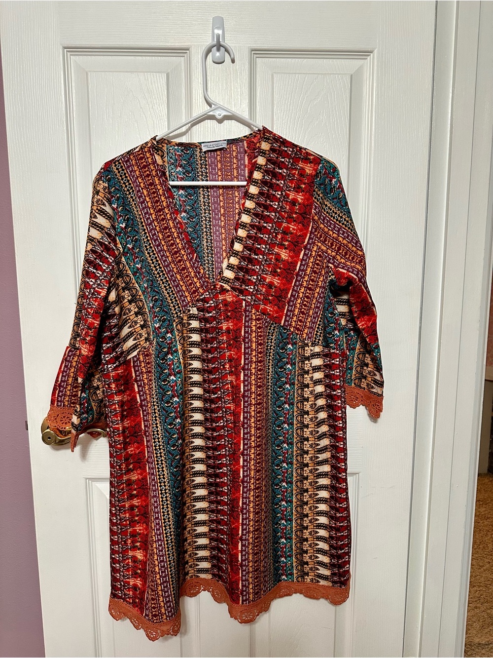 Abela+Story Large Boho V-Neck Patterned Tunic Dress in Burnt Orange & Teal